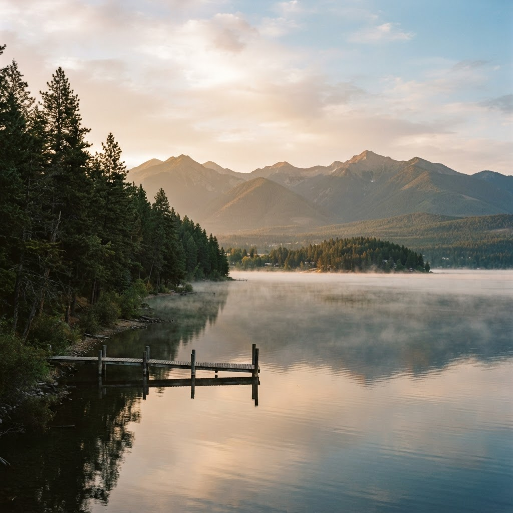 Lake Pend Oreille and the mountains near Sandpoint, Idaho at golden hour